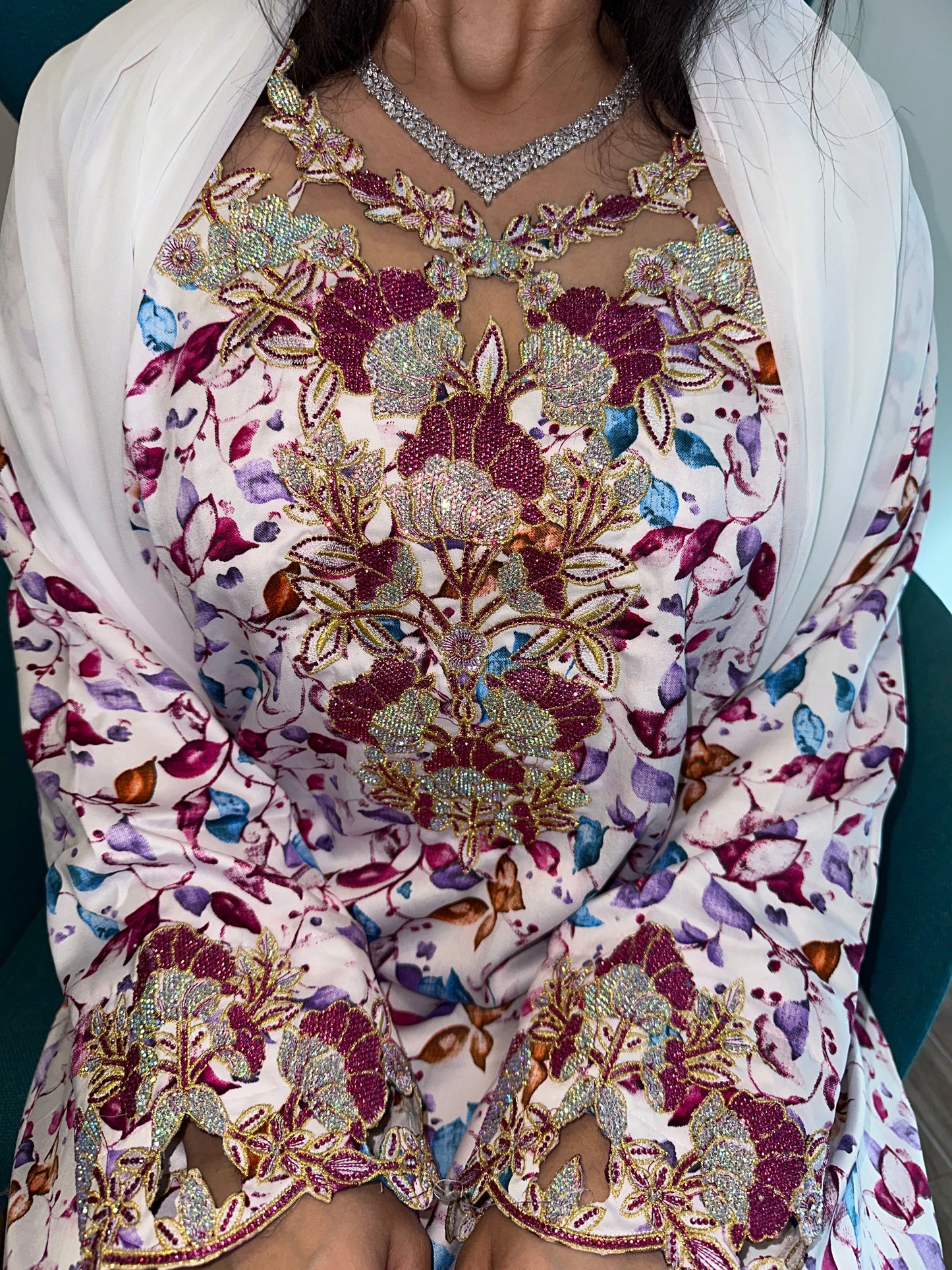 Pink5 and white mkhawar with matching Shiela