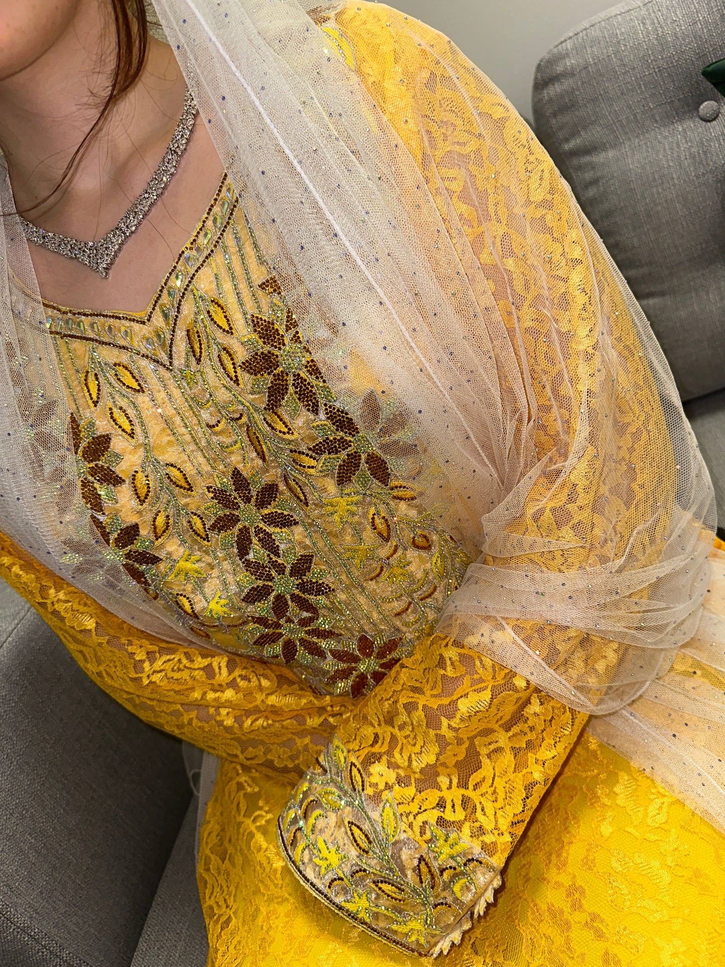 Mustard yellow lace mkhawar