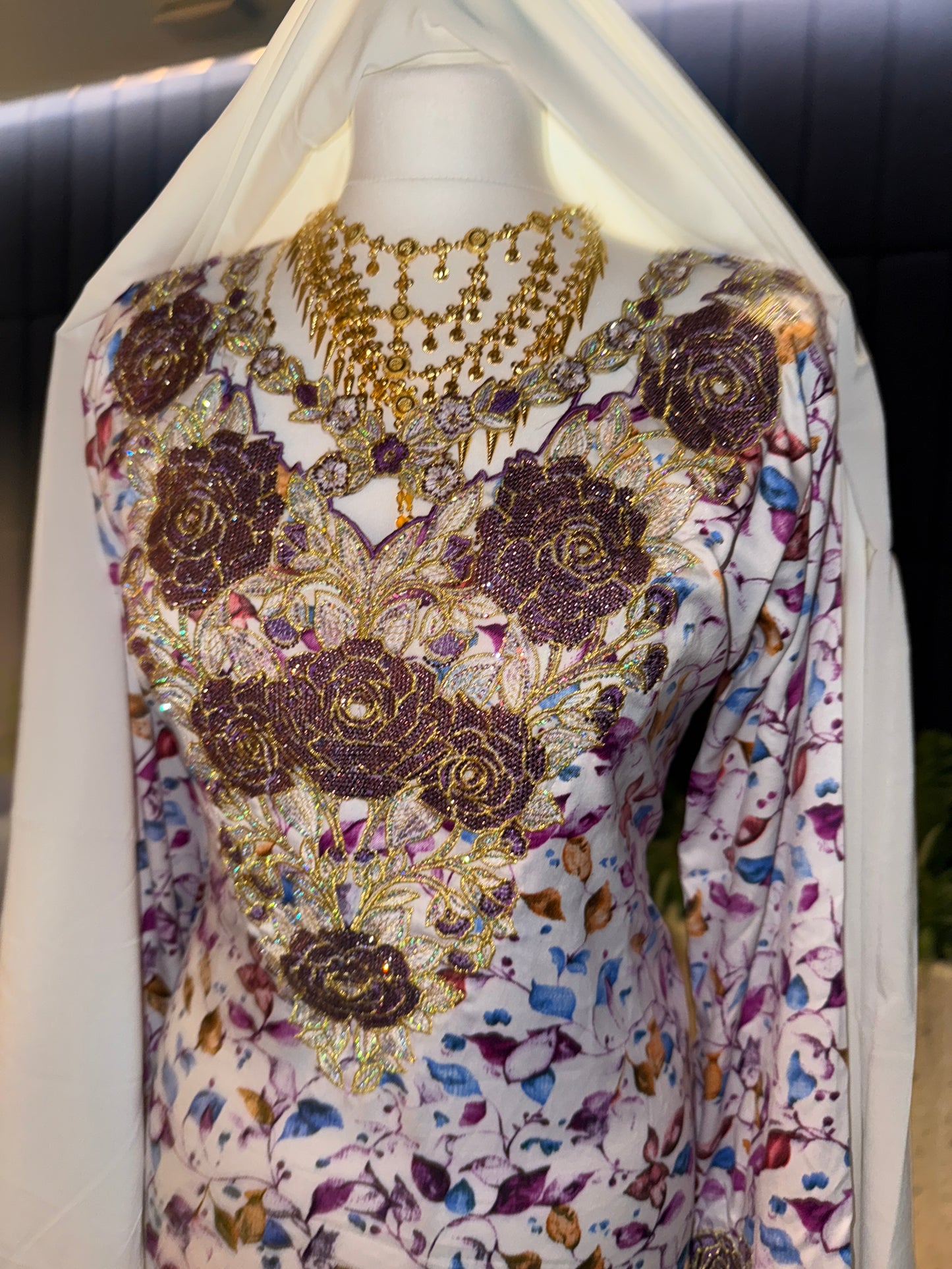 Purple and white mkhawar with hijab