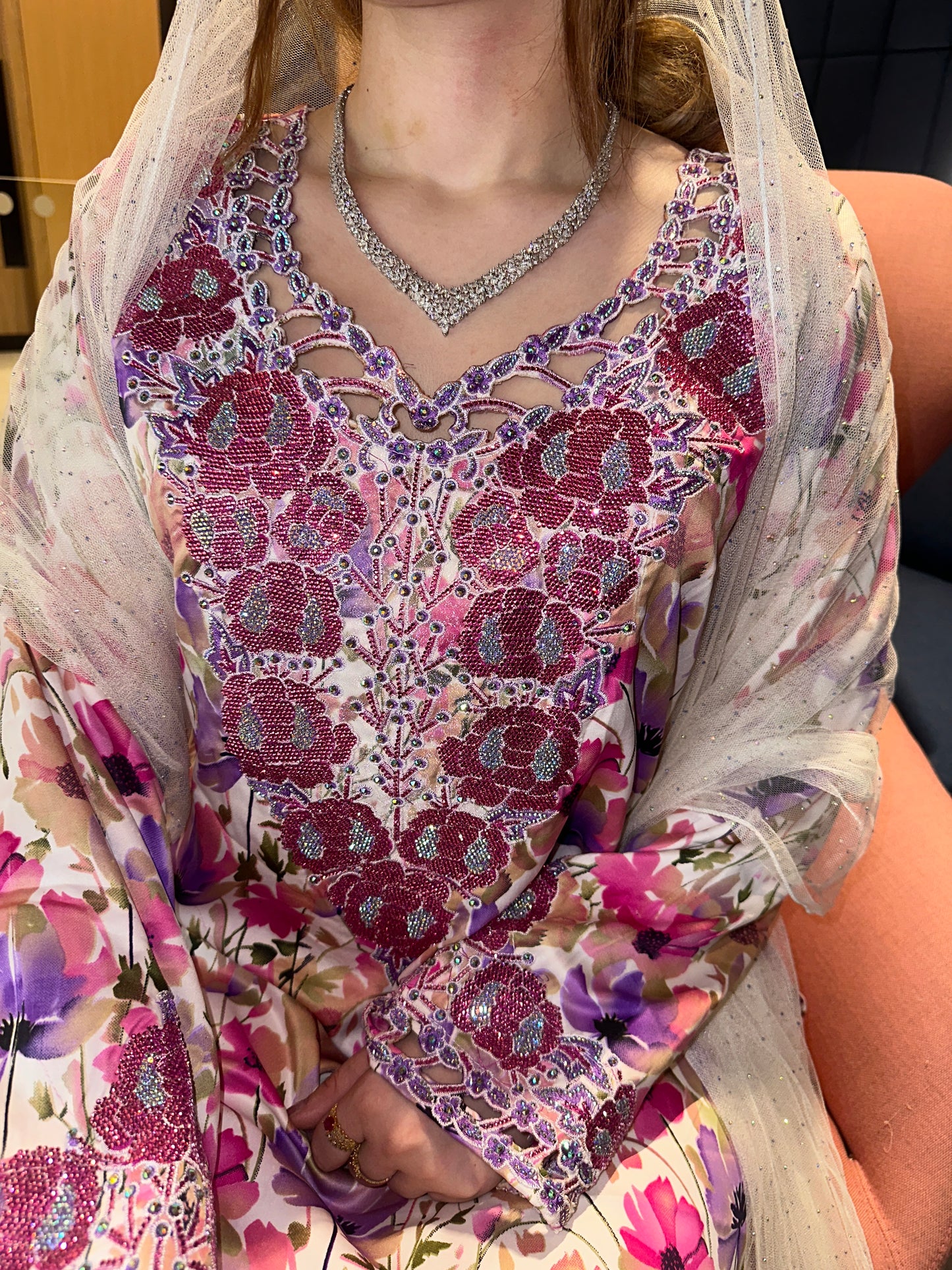 Pink, green. Turquoise and orange mukhawar