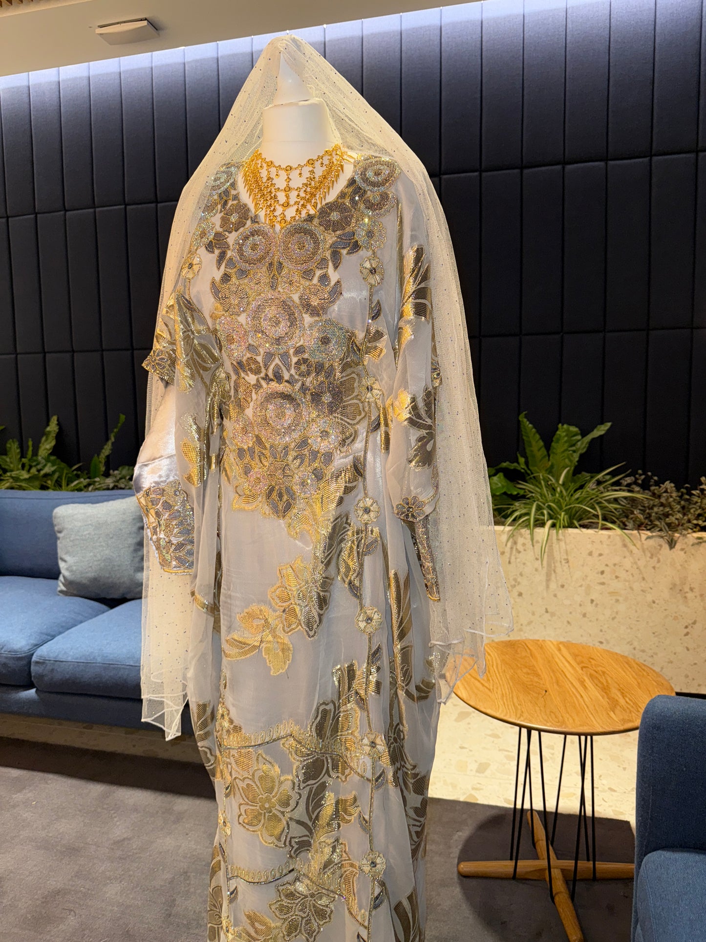 Grey/ blue sky Emirates Thobe with two pieces and belt inside