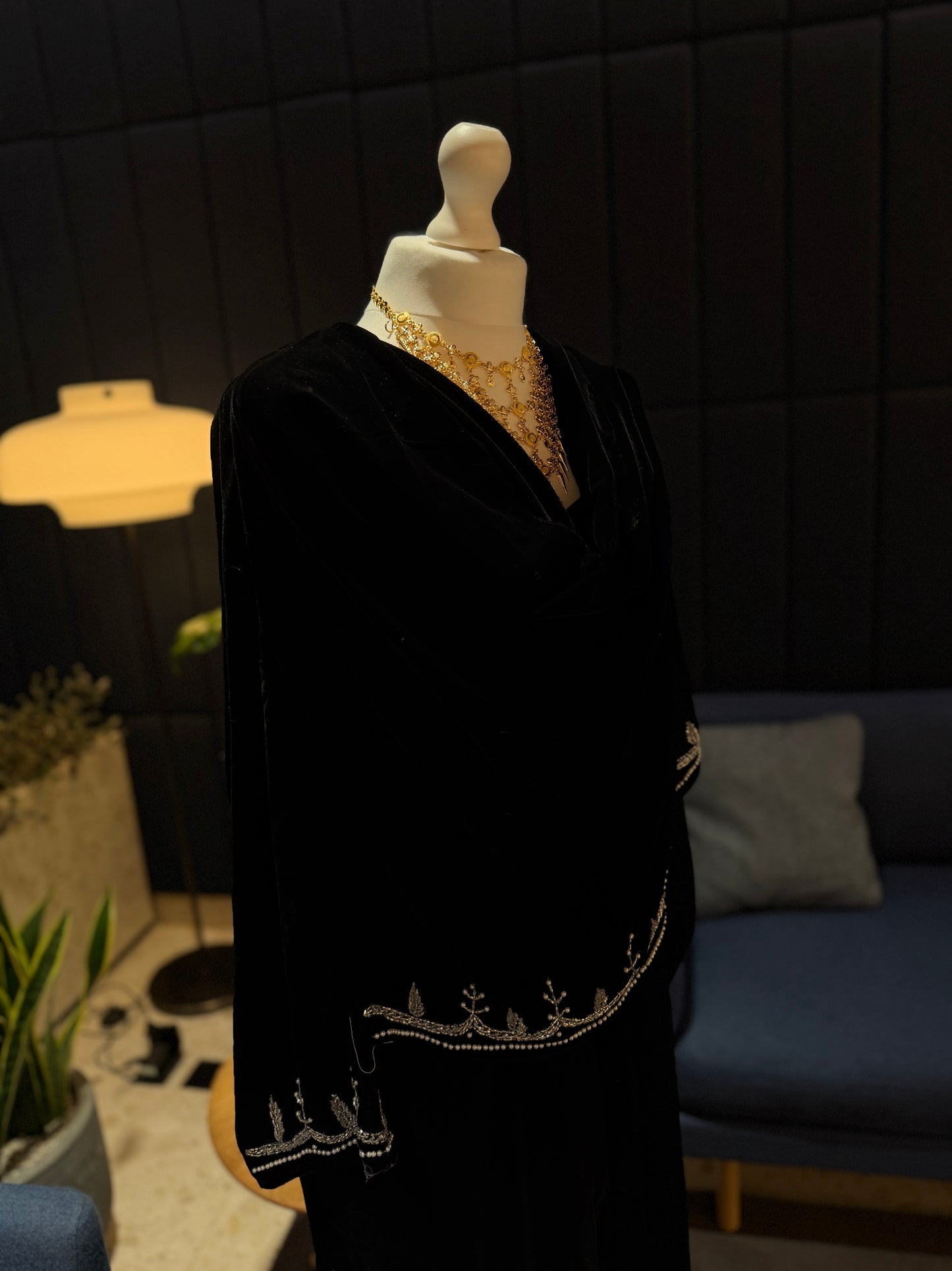 Black Velvet abaya with attached scarf, handmade work