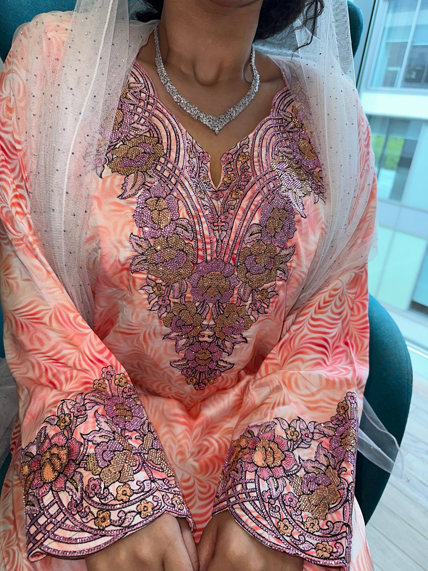 Salmone color mkhawar pure silk with corset back