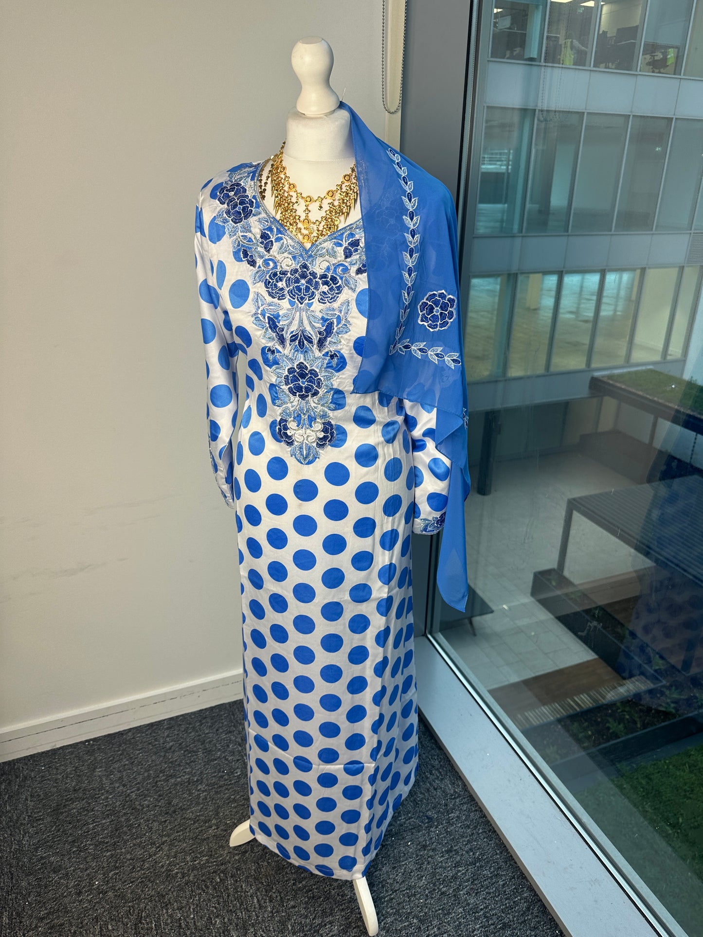 Blue polka dot Mukhawar with matching Sheila