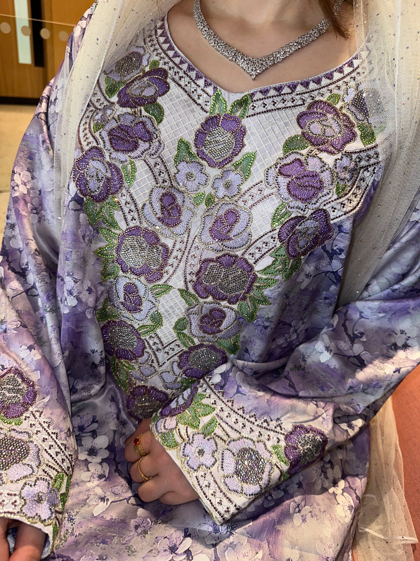 Purple mkhawar with chiffon Shiela