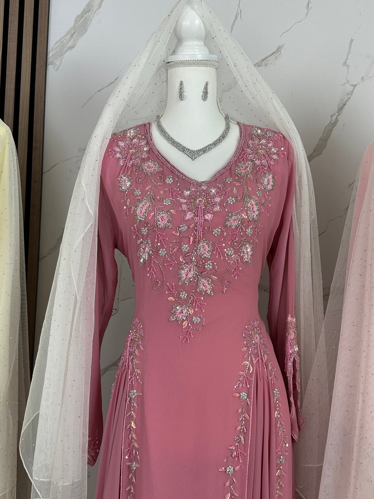 Pink caftan dress fully handmade work with two cassarat