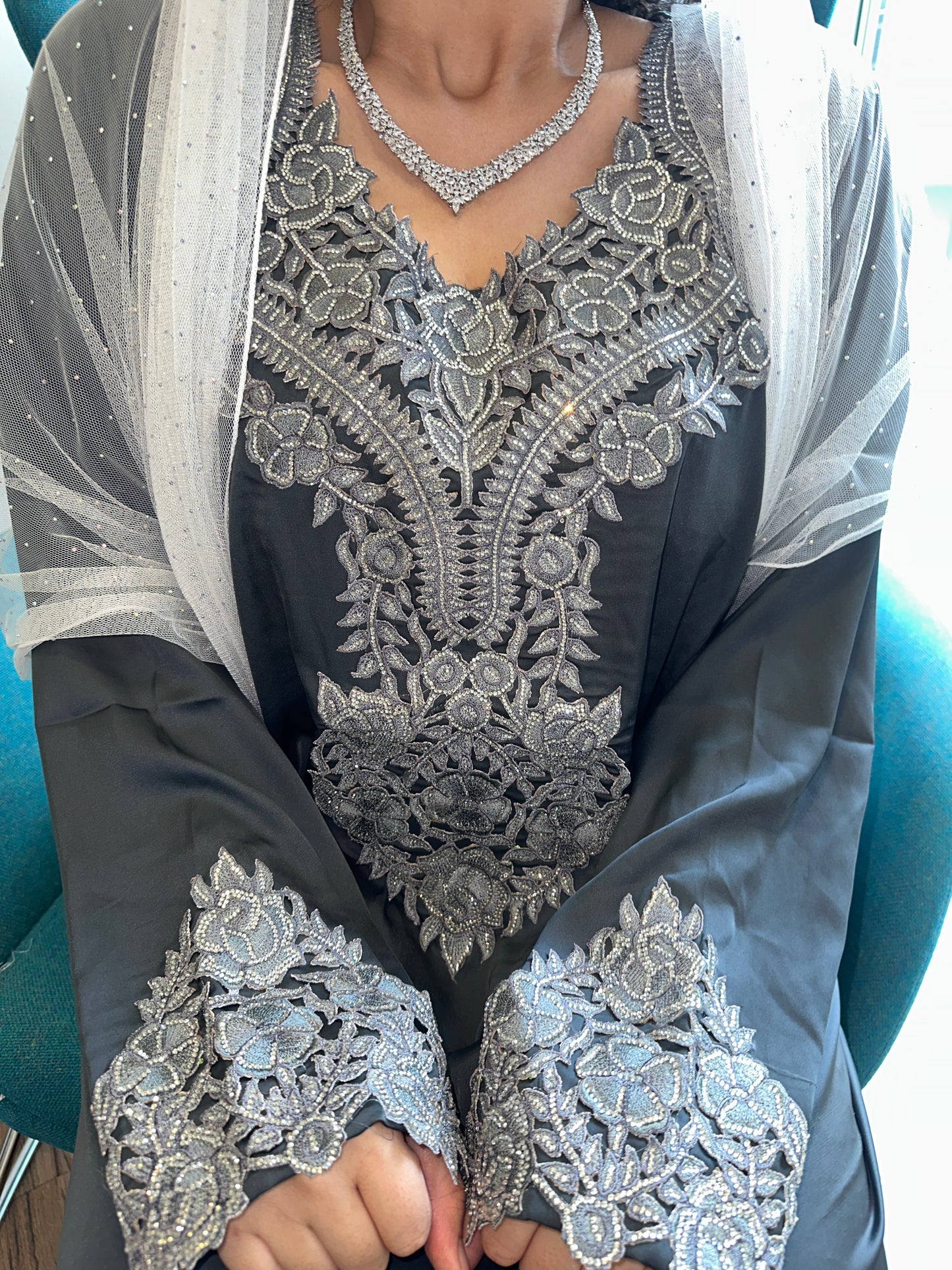 Dark grey pure silk mkhawar