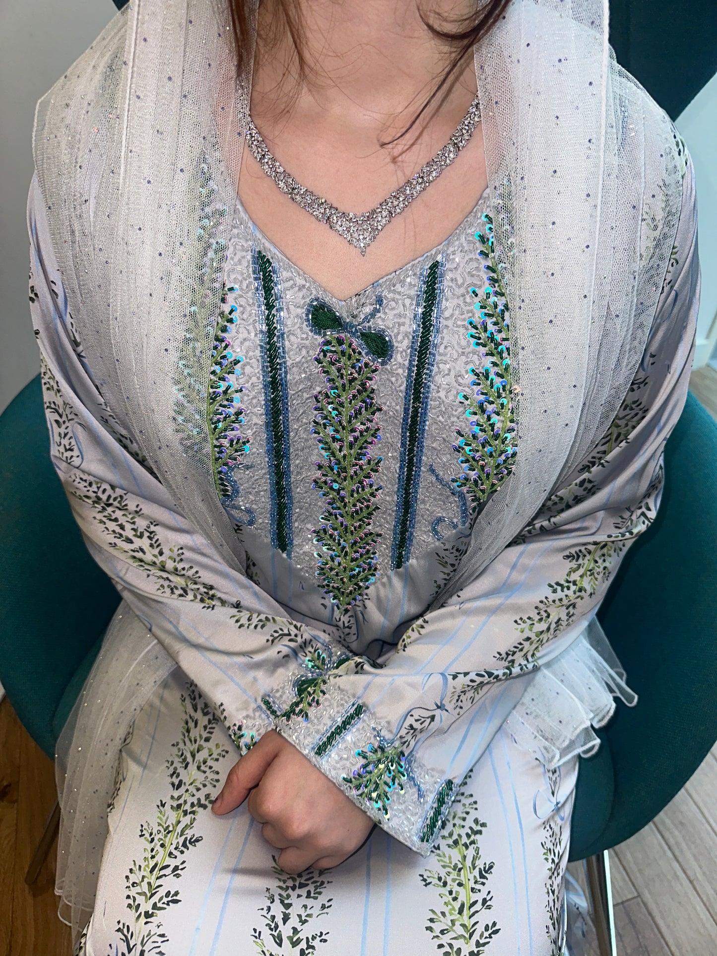 Blue and grey beaded, pure silk mkhawar