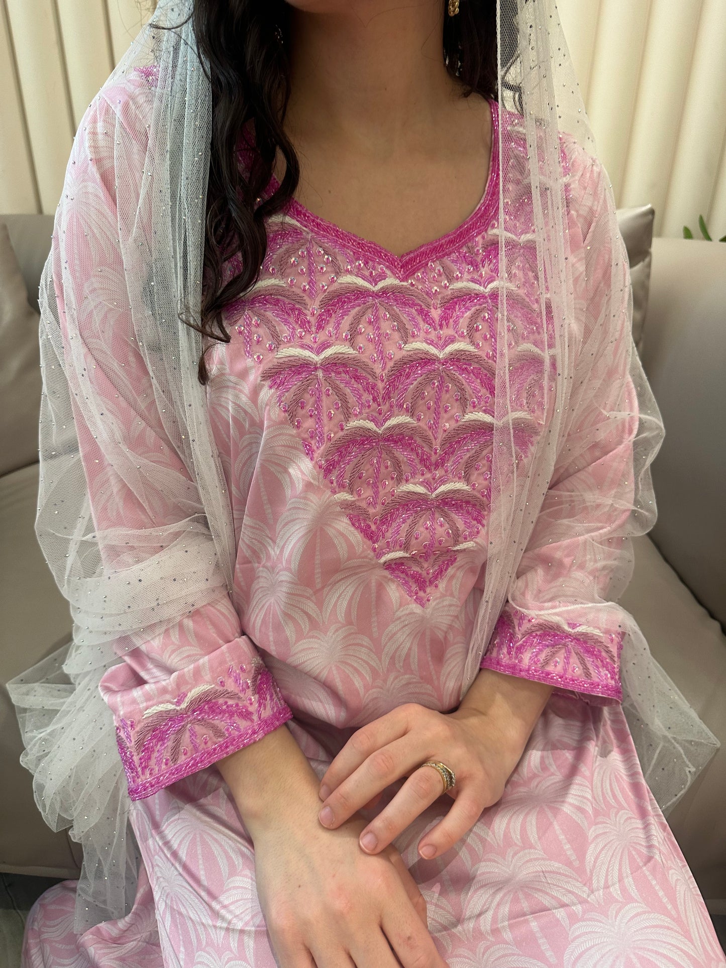 Pink nakhel pure silk mkhawar with corset