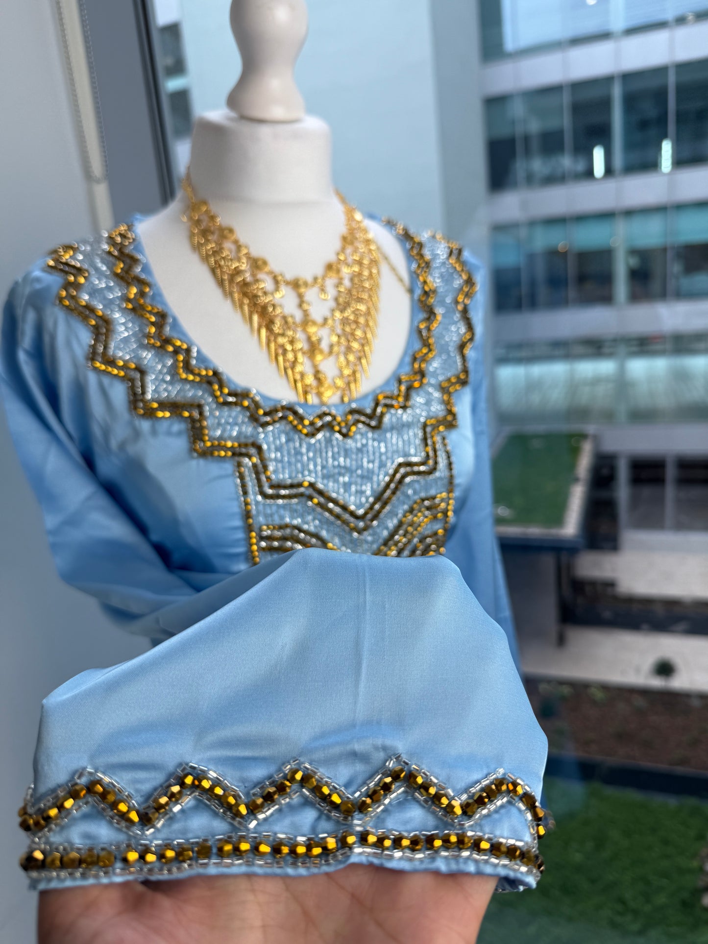Blue and gold silk Mukhawar