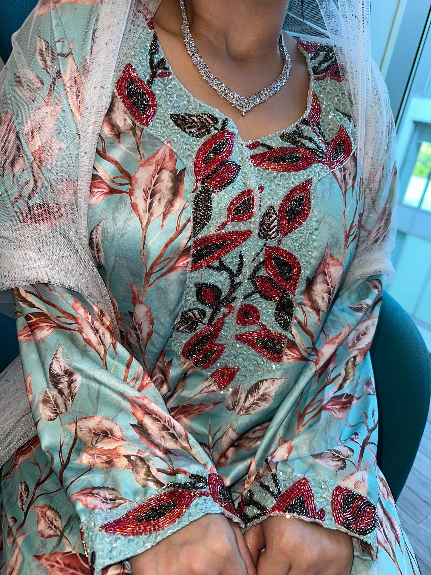 Beaded turquoise mkhawar with corset back