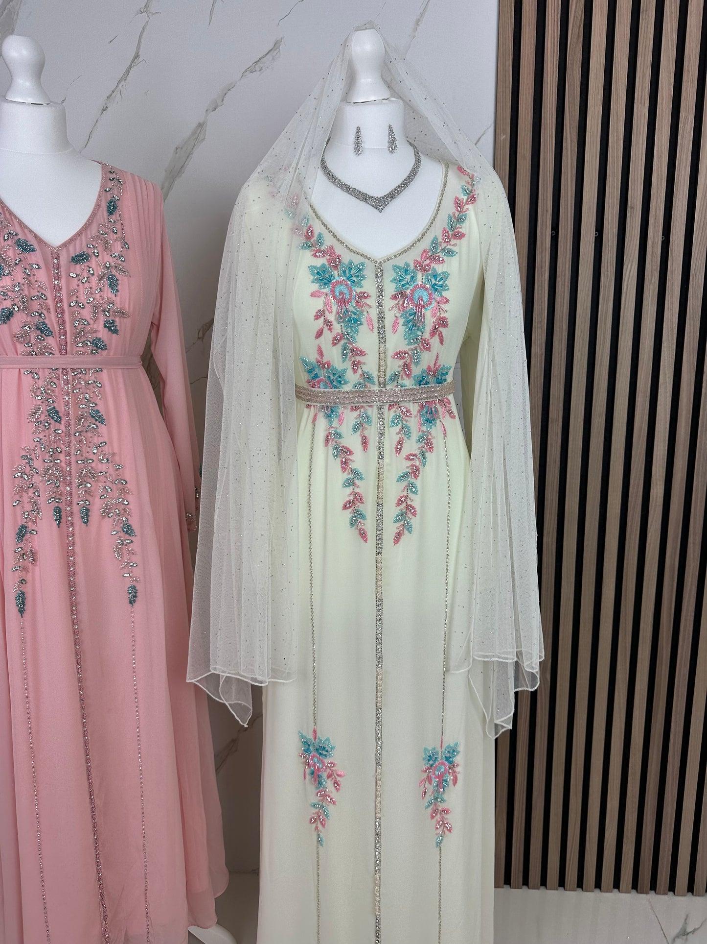 Creamy caftan dress with creamy Sheila fully handmade work