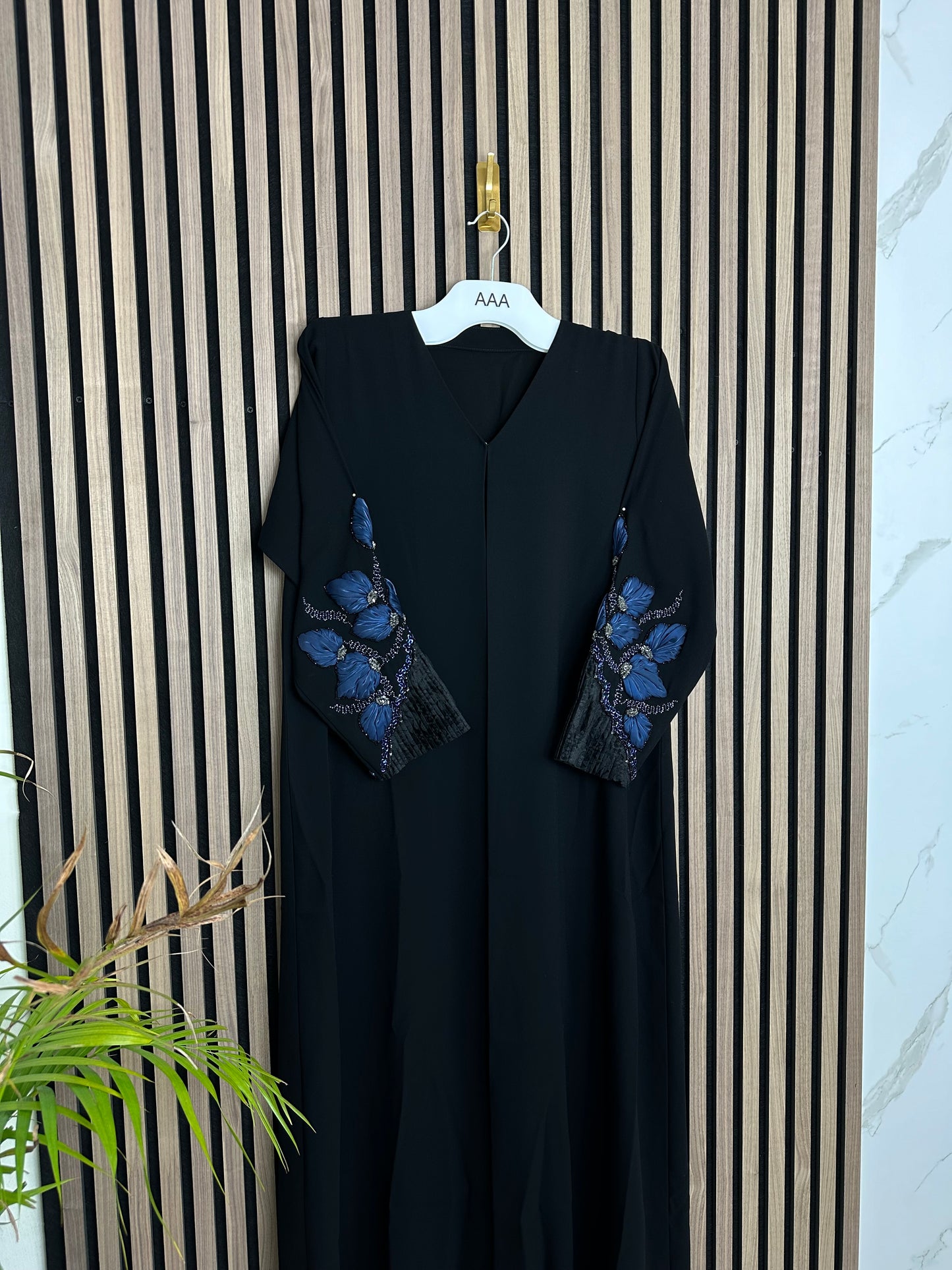 Black and blue abaya with matching Sheila and handmade work on the sleeves