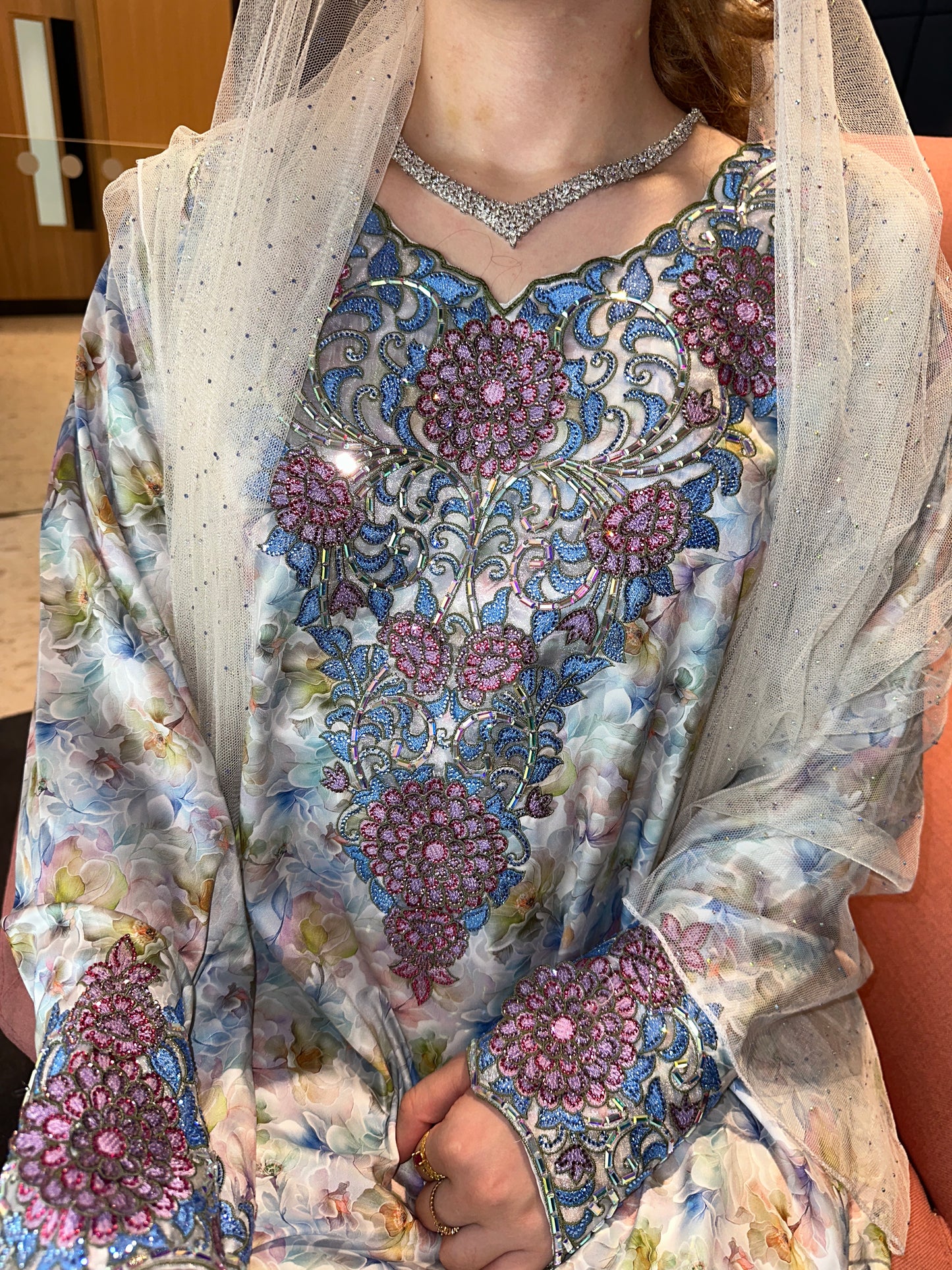 Floral blue silk mkhwar with corset and chiffon Sheila