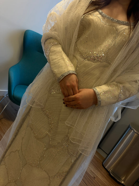 Creamy dress full handmade work