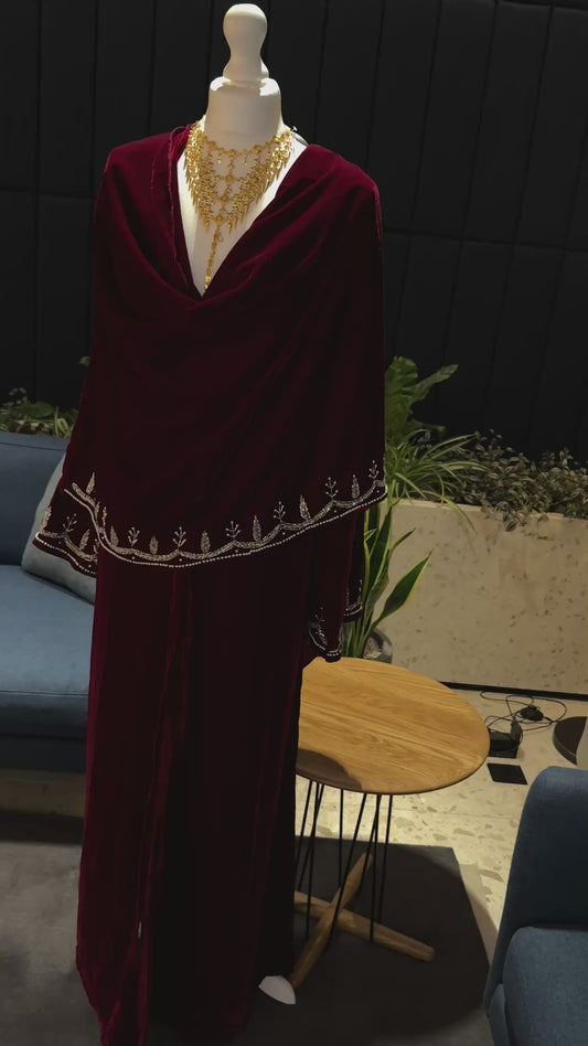 Burgundy Velvet abaya with scarf and handmade work
