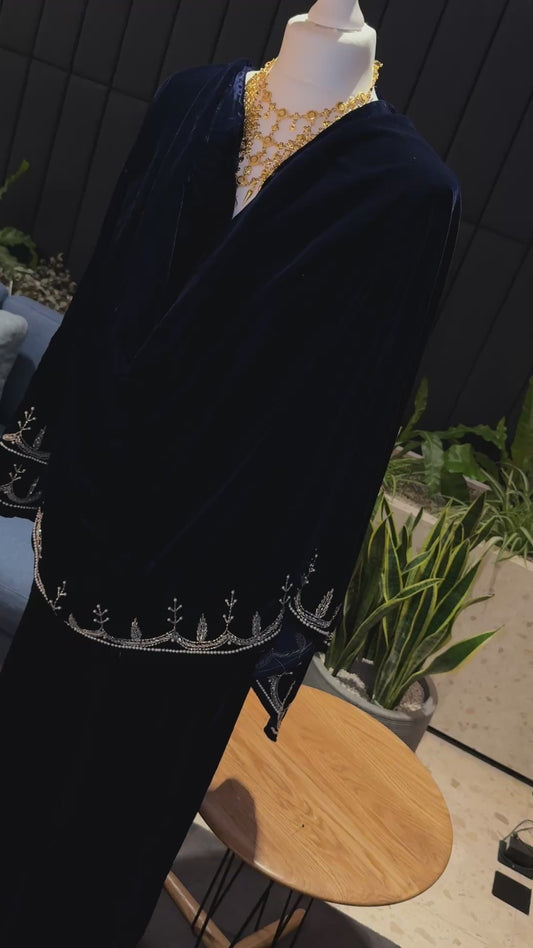 Dark blue Velvet abaya, handmade with attached scarf