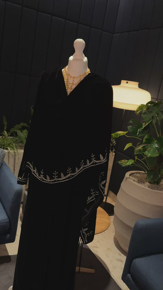 Black Velvet abaya with attached scarf, handmade work