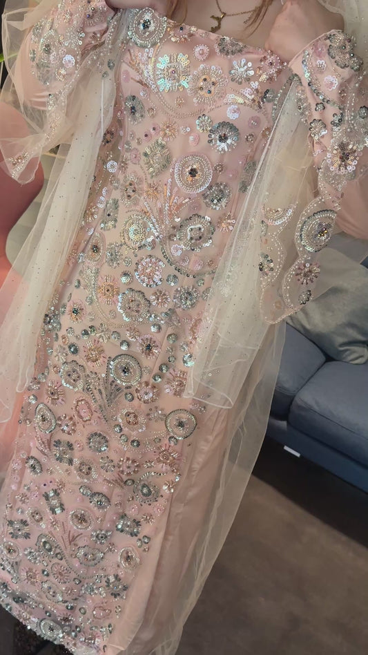 Pink, black and green Emirates Thobe with chiffon Sheila