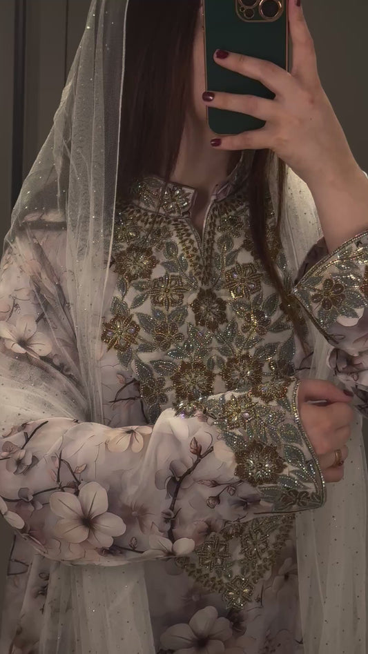 Brown high neck mkhawar pure silk with back corset